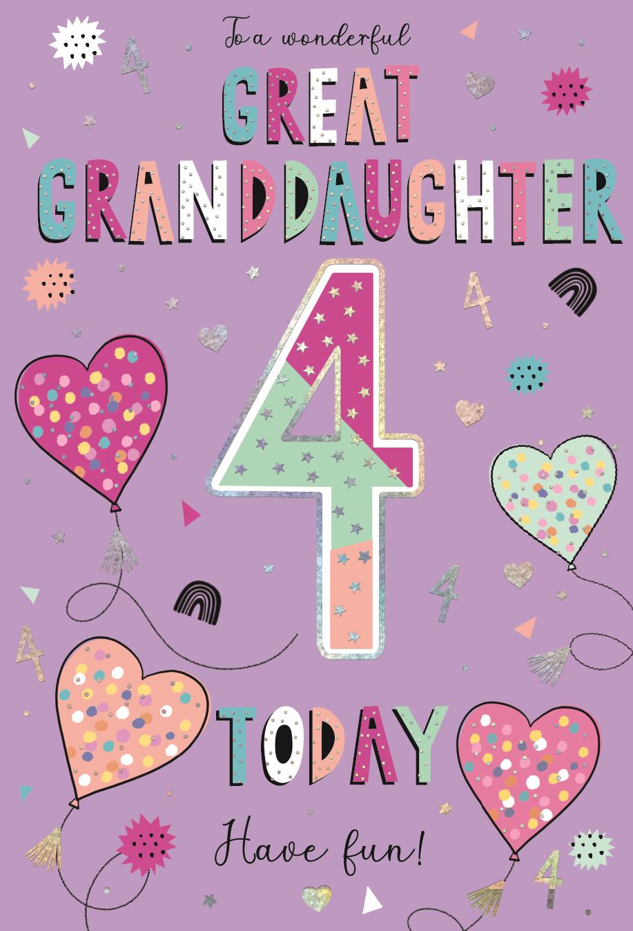 Heart Balloons Great Granddaughter 4th Birthday Card