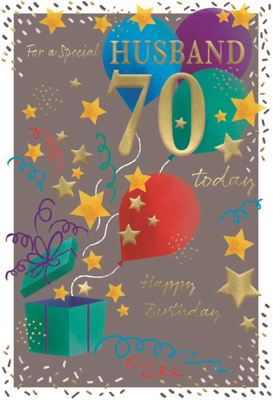 Present & Balloons Husband 70th Birthday Card