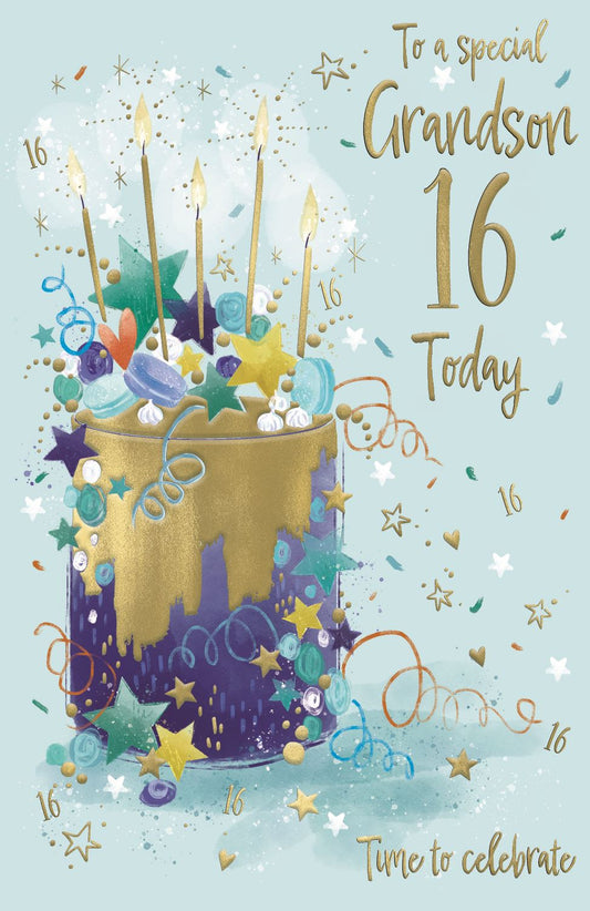 Cake & Candles Grandson 16th Birthday Card