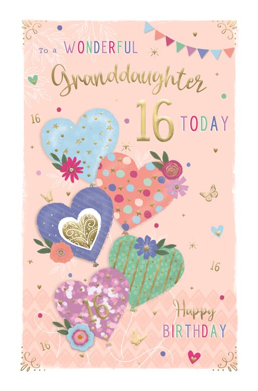 Heart Balloons Granddaughter 16th Birthday Card