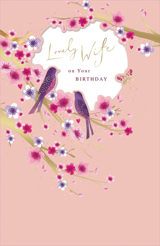 Purple & Gold Birds Wife Birthday Card