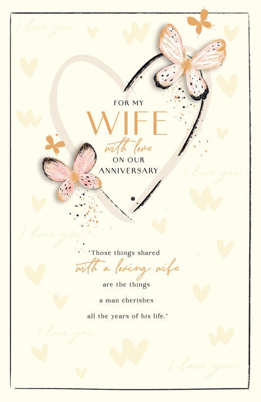 Gold & Pink Butterflies Wife Anniversary Card