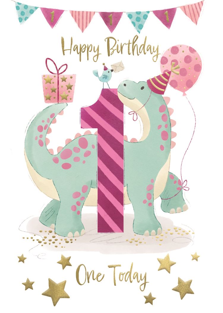 Pink Dinosaur 1st Birthday Card