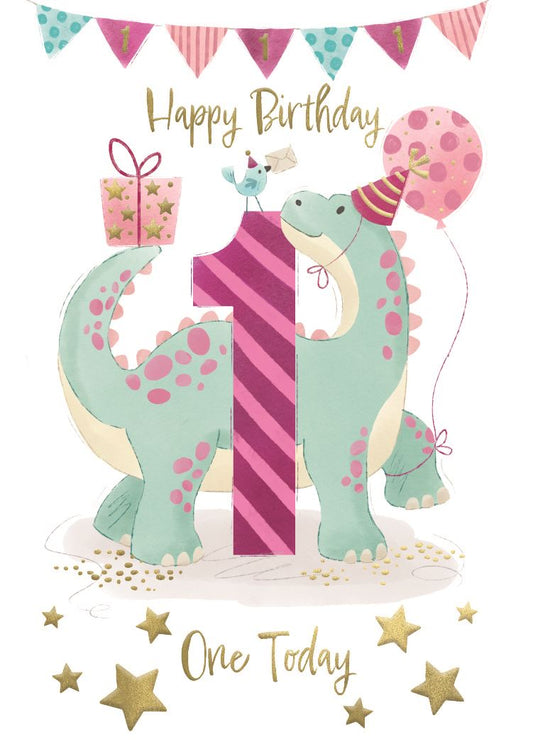 Pink Dinosaur 1st Birthday Card