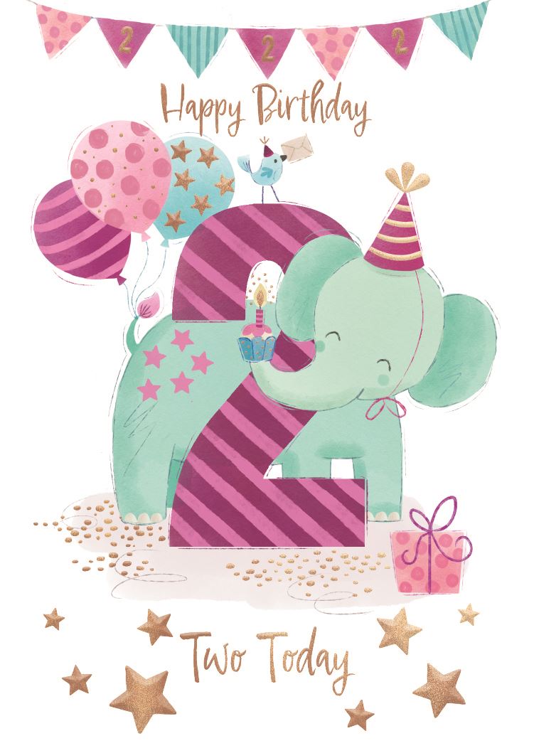 Pink Elephant 2nd Birthday Card