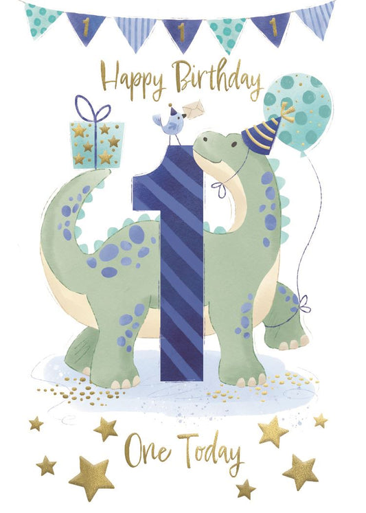 Blue Dinosaur 1st Birthday Card