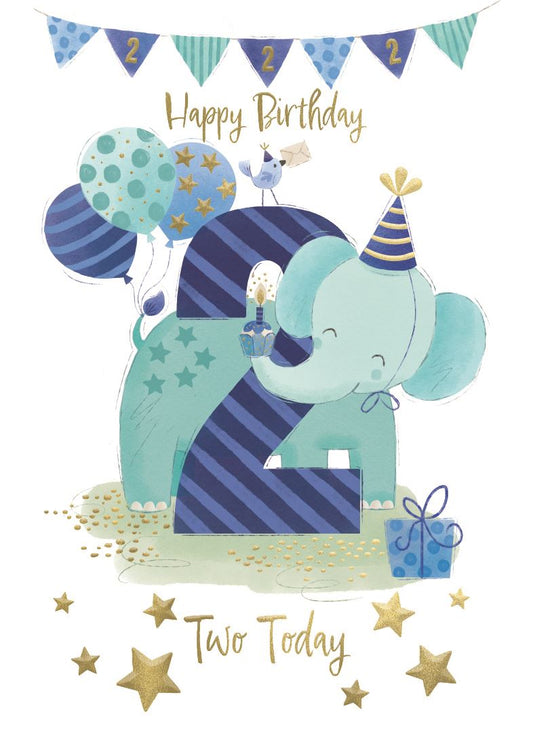 Blue Elephant 2nd Birthday Card