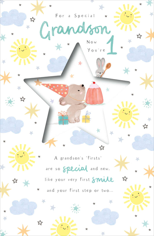 Bear & Bunny Grandson 1st Birthday Card