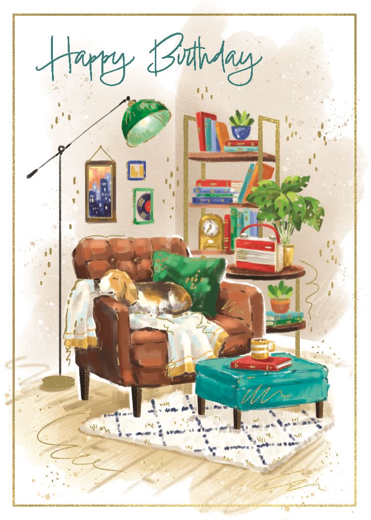 Dog In Reading Corner Birthday Card