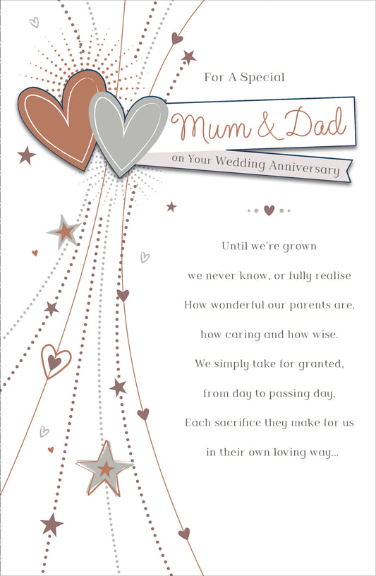 Rose Gold / Silver Hearts Mum & Dad Wedding Anniversary Card