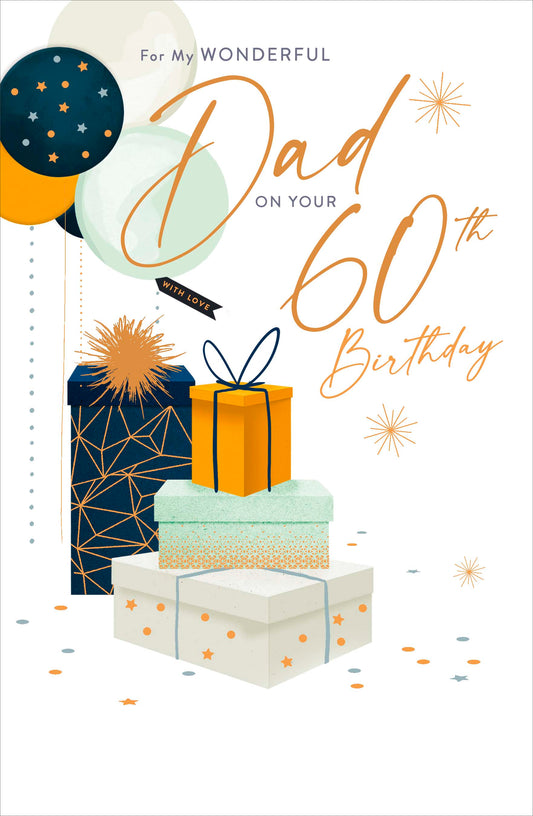 Gold / Navy Presents & Balloons Dad 60th Birthday Card