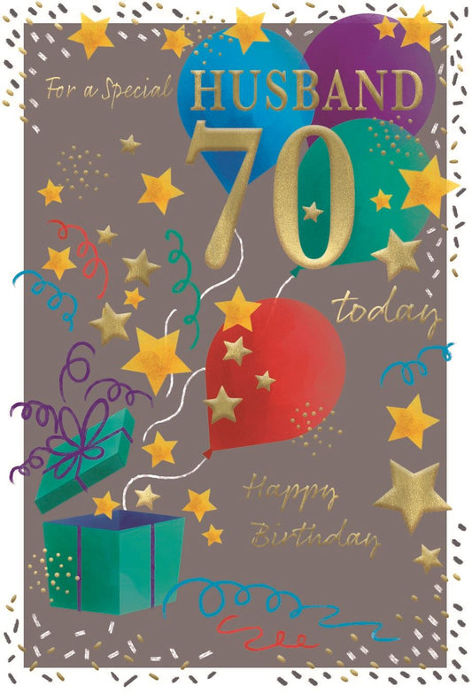 Present & Balloons Husband 70th Birthday Card