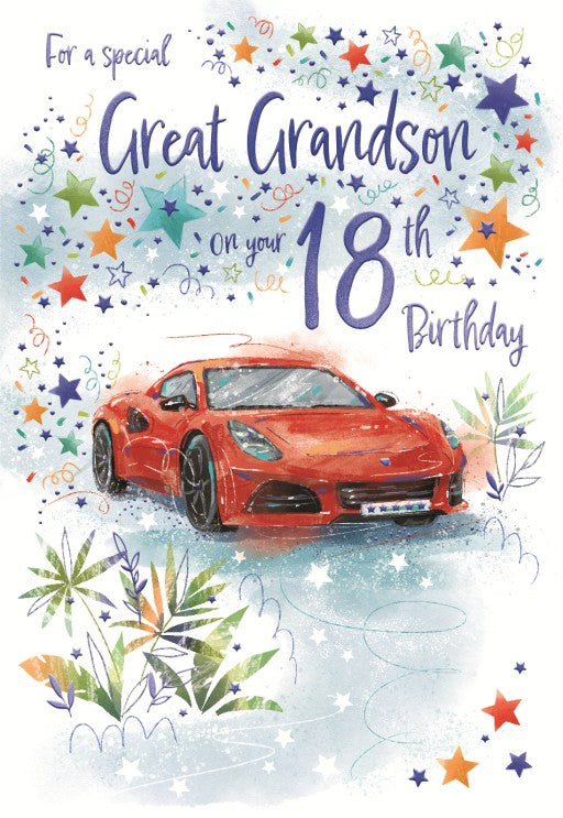 Red Sports Car Great Grandson 18th Birthday Card
