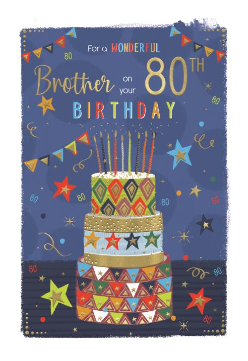 Bright Cake Brother 80th Birthday Card