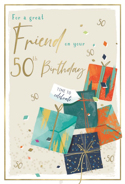 Presents Friend 50th Birthday Card