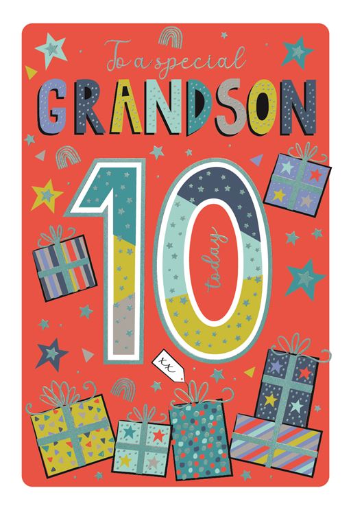 Bright Present Grandson 10th Birthday Card