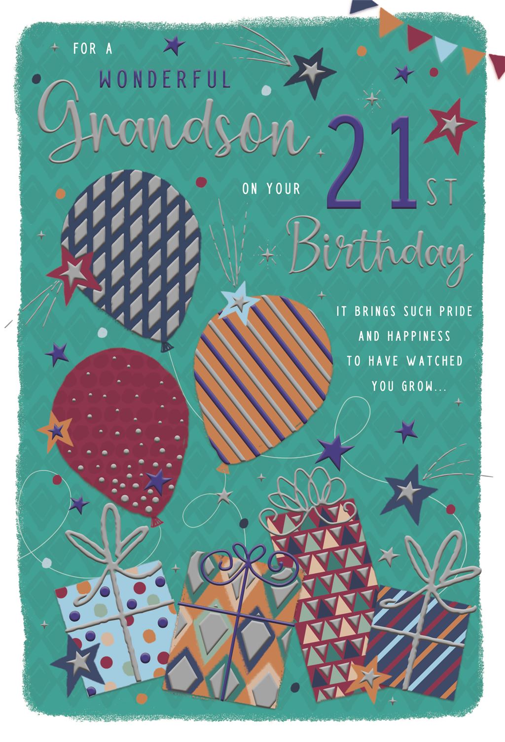 Bright Balloons & Presents Grandson 21st Birthday Card