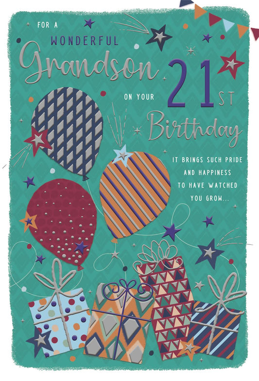 Bright Balloons & Presents Grandson 21st Birthday Card