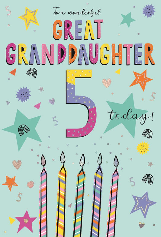 Bright Candles Great Granddaughter 5th Birthday Card
