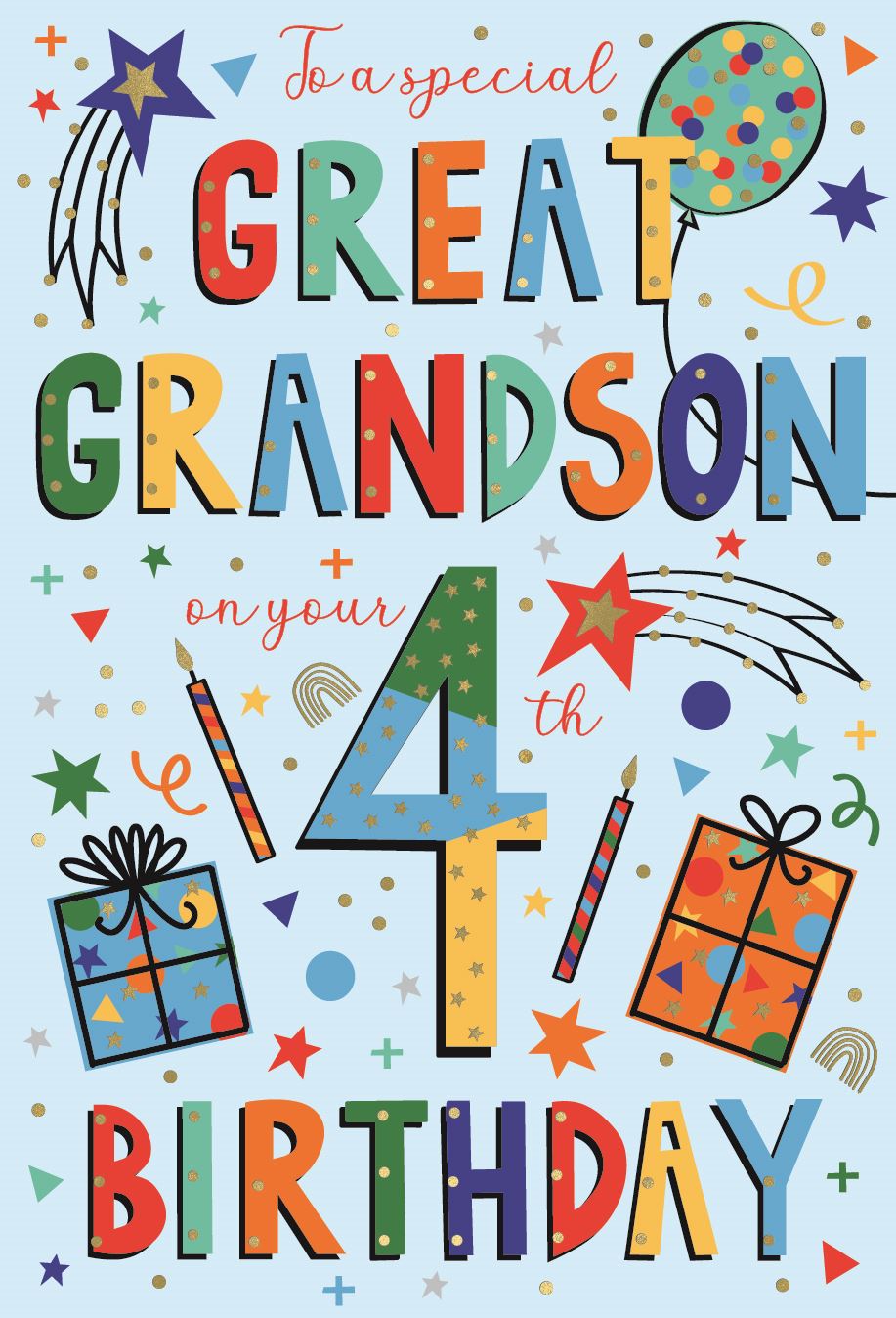 Bright & Colourful Great Grandson 4th Birthday Card