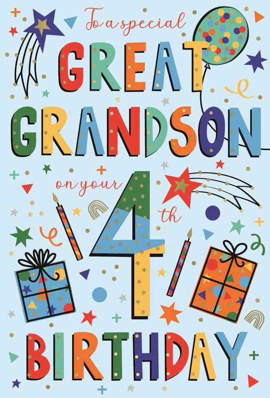 Bright & Colourful Great Grandson 4th Birthday Card