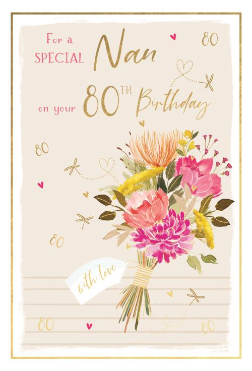 Floral Nan 80th Birthday Card