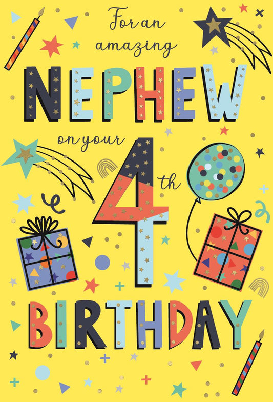 Bright Yellow Nephew 4th Birthday Card