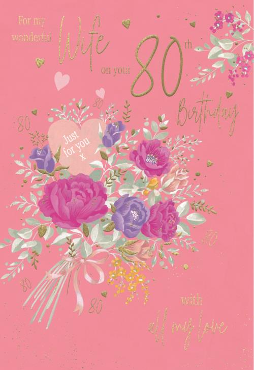 Pink Floral Wife 80th Birthday Card